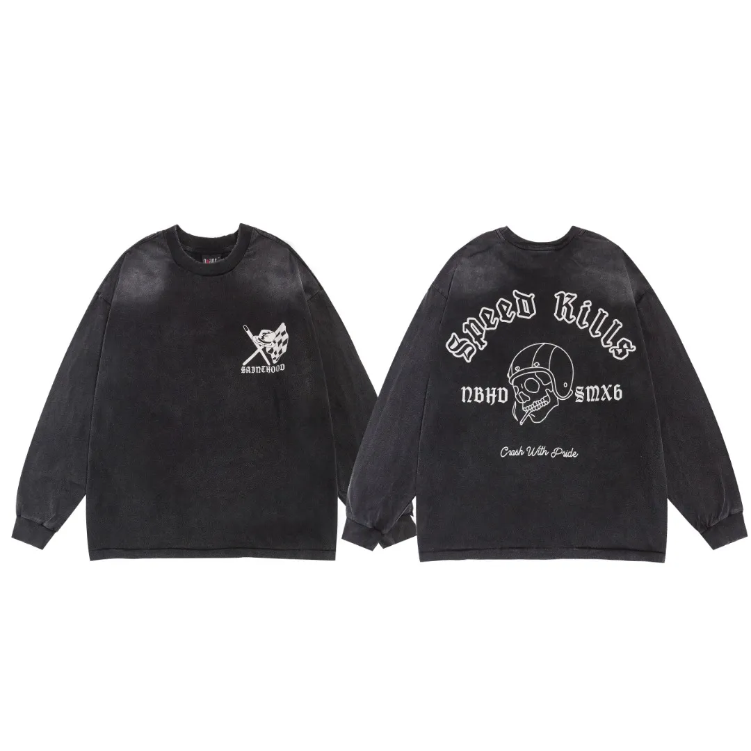 Saint Michael's trendy high-street contrasting pattern washed and aged loose round-neck long-sleeved T-shirt Fabric: 260g Style number: SM16 Size: S-M-L-XL Color: Black Price: P156